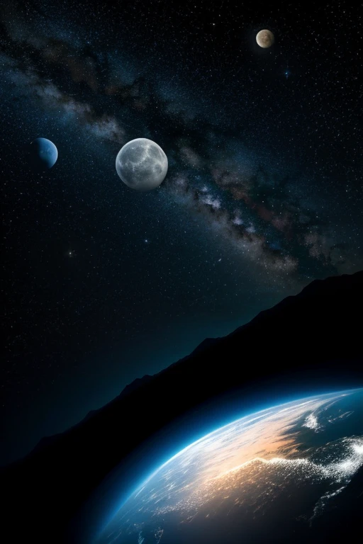 Night sky with stars and planets, add earth illuminated by moonlight