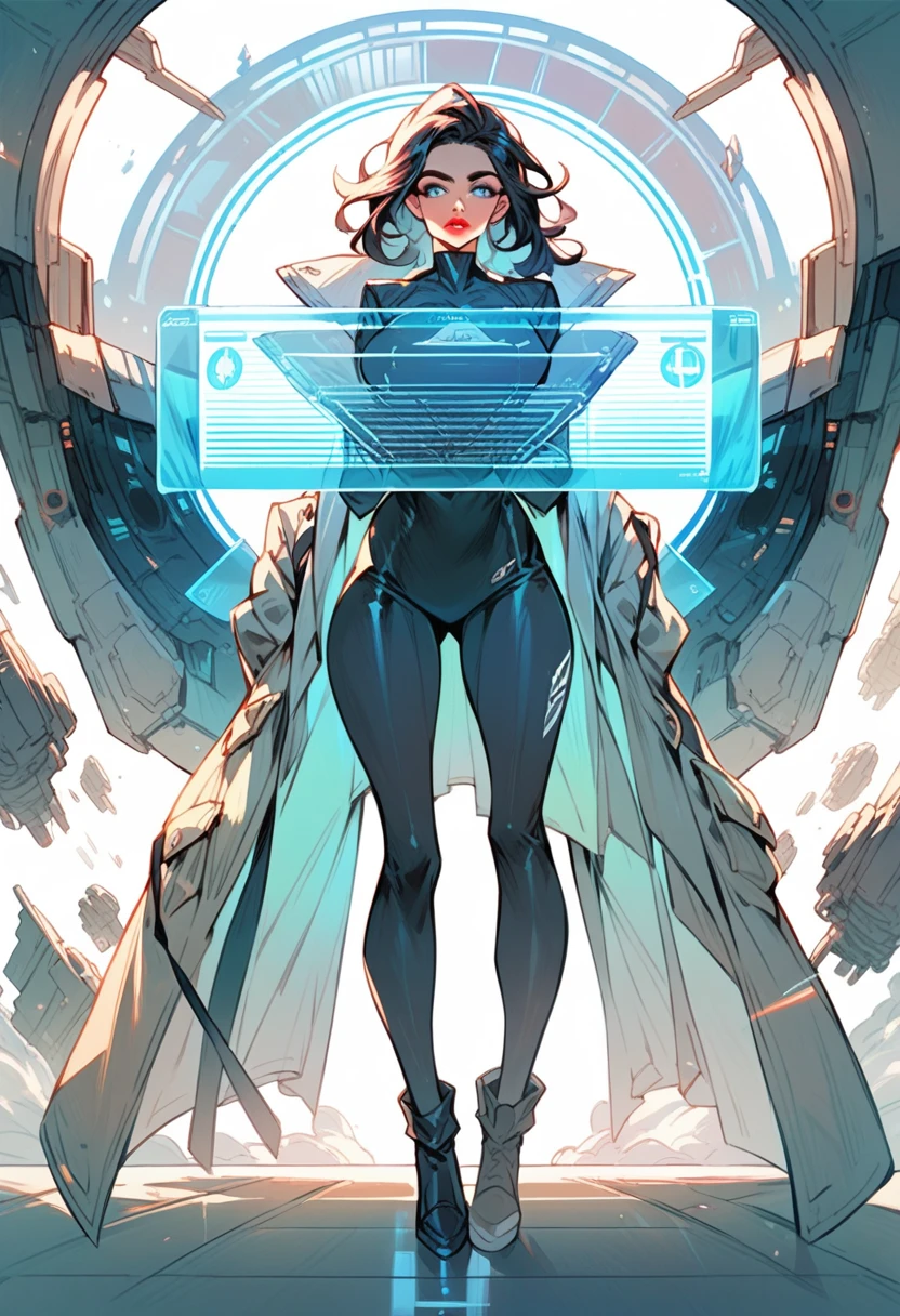(High Definition) defined face, full body image, hologram of a beautiful woman, long dark hair and blue eyes, pale red lips, wearing sexy tight white military officer outfit with miniskirt, standing in the middle of the bridge of a spaceship.