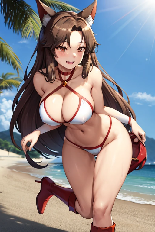 masterpiece, best quality, beautiful art, high resolution, well formed hands, body and fingers, 1 woman, solo, Imaizumi Kagerou, wolf ears and wolf tail, full body picture, grown up, adult, large and rounded breasted, cleavage, hair ornament, wearing a Tyris Flare outfit , white_bikini, full body, sexy and skimpy bikini, gorgeous hips, legs and thighs bouncing breasts, red boots, dancing seductively and erotically, turning backwards and forwards, bikini thong, shaking her body alluringly, smiling joyfully, looking at the viewer, sweating , flirting, beach environment
