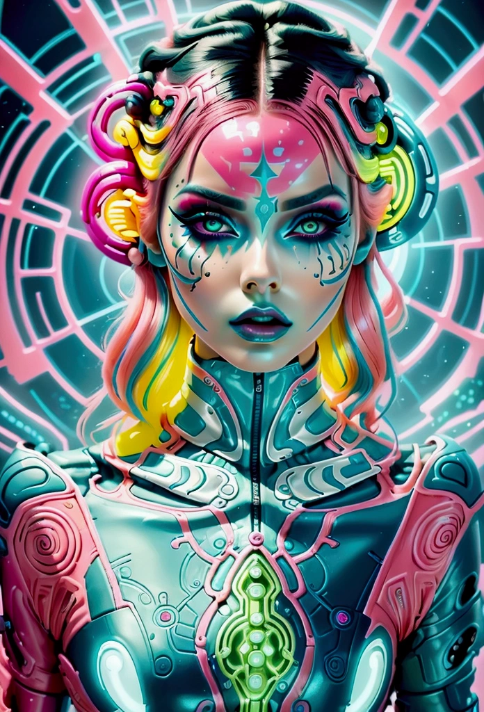 A woman with sci-fi adventure makeup inspired by Luc Besson, utilizing bright, vibrant colors. Her face is adorned with neon blues, pinks, and greens, with graphic designs and bold, futuristic shapes.