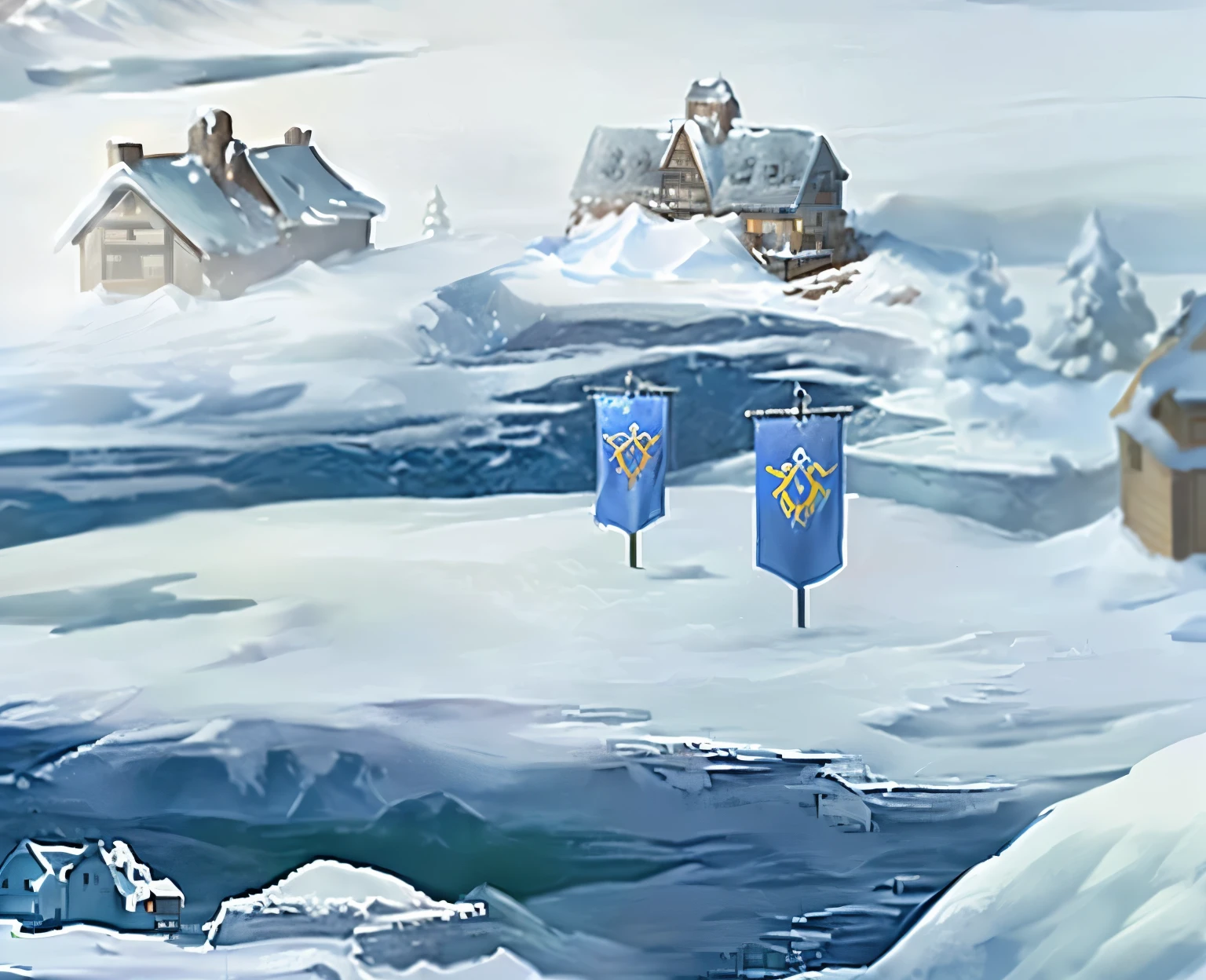 There is a painting,There is a snow-covered mountain in the painting,There is a house and a flag on the hill, Winter concept art, theme :'Icewind Dale', Icicles background, Snowfield, snowy environment, Frozen tundra background, snow wasteland, Background of Fuxing Port City, Cold Environment, Ice City in 2080, Draw as game concept art, Winter scene fantasy, screenshot