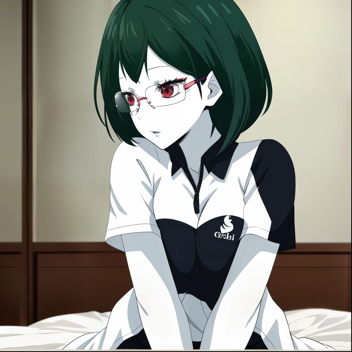 masterpiece、Highest quality，High resolution，alone、1 Female、Pure white skin、Green Hair、Joker Kiyoko Shimizu、Red eyes、Pure white skin、Black nails、Green Hairの毛、Volleyball club manager uniform、Pure white skin all over the body、bed、indoor、Slightly larger breasts、Short Bob Hair、Glasses