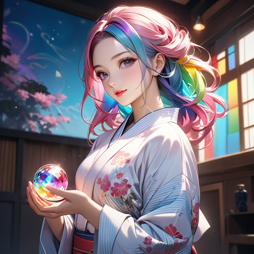 A beautiful and divine woman wearing a clean and refreshing white and pink yukata.々Beautiful Goddess, Rainbow hair colour,Beautiful attention to detail, Beautiful lip detail, Highly detailed face, Long eyelashes, Friendly and polite expression, Holding a red, round crystal in both hands, The perfect uniform, High quality lighting, Realistic, 8k, Highest quality, masterpiece, Professional, Studio Lighting,The background is a festival