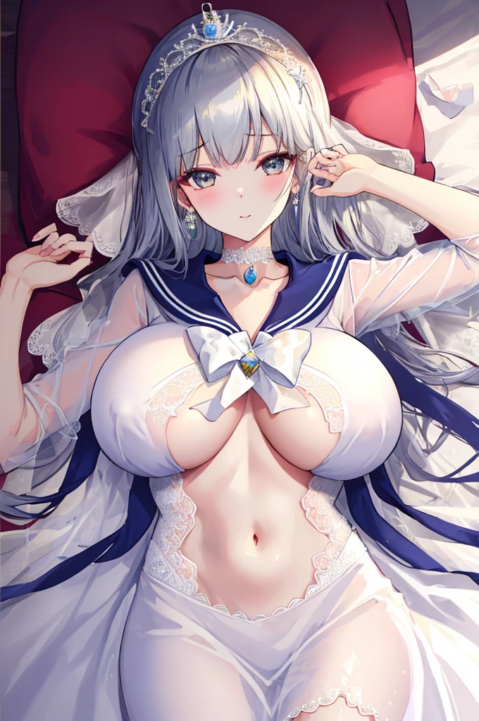 A woman with big ，Gorgeous young princess，clavicle，Prominent and smooth underbreast area，Very transparent，(Transparent wedding dress:Sailor Suit|1.2)，Intricate details，Beautifully，Lace headband，Showing belly，bedroom，Lying in bed，