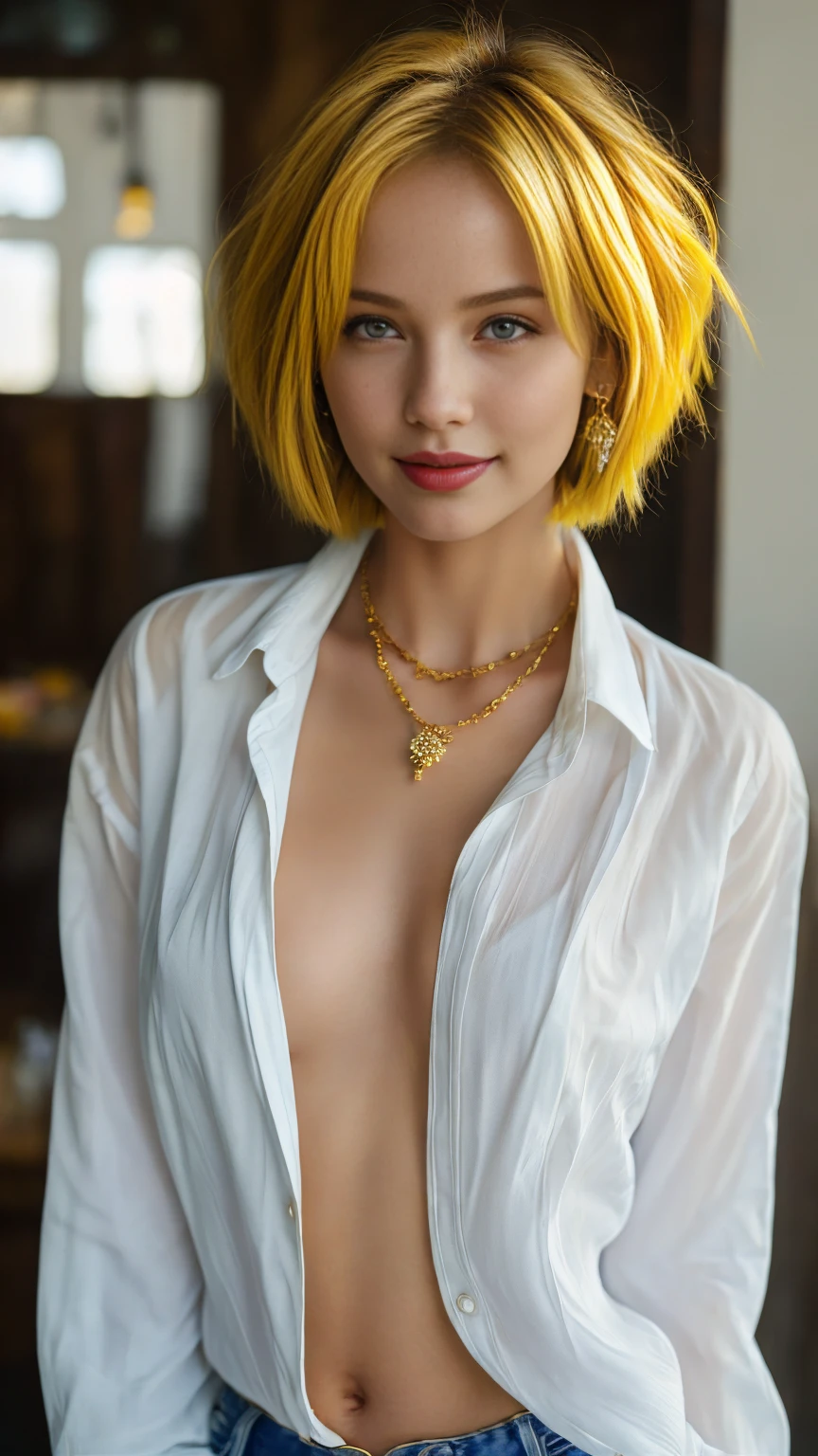 masterpiece, best quality, bellissima, 1girl, wearing a white open shirt, breast, navel, solo focus, perfect eyes, jewelry, earrings, yellow blunt cut bob, short hair, smile, looking seductive, look at viewer