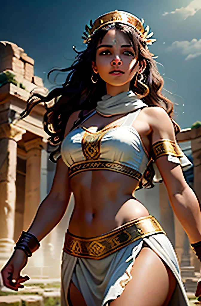 Create an image of a young woman in an ancient Roman arena with ancient stands and Roman flags. The woman must have brown skin, curly and voluminous hair, dark brown in color, and be dressed in a white toga and a laurel wreath on her head. The atmosphere must convey strength and elegance. Use 8k resolution, with historical rendering style. Lighting should be soft, with ultra-fine details. The image should tell the story of Laura in a Roman arena, symbolizing victory and honor.