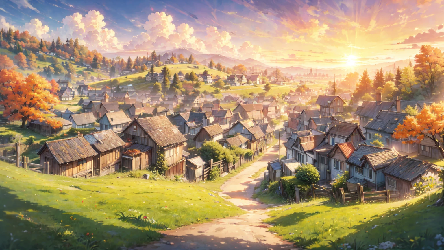 masterpiece, top-quality, depth of fields, high details, 8K, old village scene, lots of wooden houses, grass land, road to the village, clouds, sunset, trees, fence, anime style