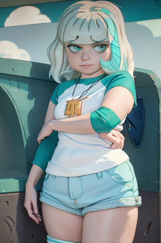 (Jackie Lynn Thomas:1), Star vs. The forces of evil, (Casual suit:1), (Short blonde hair), (Blue-green reflection in hair), shell necklace, (Green White Sleeveless White Sleeves Baseball T-Shirt:1), (White Striped Knee High Socks:1), (blue jean shorts), (wavy hair), (Blue-green eyes), ((green eyes)), Cartoon facial features, big round eyes, blond hair, (Shorts:1.2), (realist:1.2), (masterpiece:1.2), (full body shot:1),(Cowboy-shot:1.2), light particles, Bottom of the skate park, Neon lighting, dark romantic lighting, (Highly detailed:1.2),(detailed face:1.2), (gradients), Color, detailed eyes, (detailed landscape:1.2), (natural  lighting:1.2),(detailed background),detailed landscape, (dynamic  pose:1.2), Wide plan, only, 1girl, Alone, ssbbw, body plus