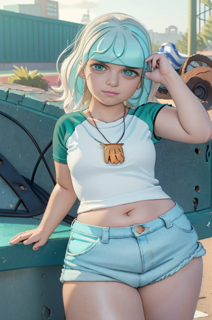 (Jackie Lynn Thomas:1), Star vs. The forces of evil, (Casual suit:1), (Short blonde hair), (Blue-green reflection in hair), shell necklace, (Green White Sleeveless White Sleeves Baseball T-Shirt:1), (White Striped Knee High Socks:1), (blue jean shorts), (wavy hair), (Blue-green eyes), ((green eyes)), Cartoon facial features, big round eyes, blond hair, (Shorts:1.2), (realist:1.2), (masterpiece:1.2), (full body shot:1),(Cowboy-shot:1.2), light particles, Bottom of the skate park, Neon lighting, dark romantic lighting, (Highly detailed:1.2),(detailed face:1.2), (gradients), Color, detailed eyes, (detailed landscape:1.2), (natural  lighting:1.2),(detailed background),detailed landscape, (dynamic  pose:1.2), Wide plan, only, 1girl, Alone, ssbbw, body plus