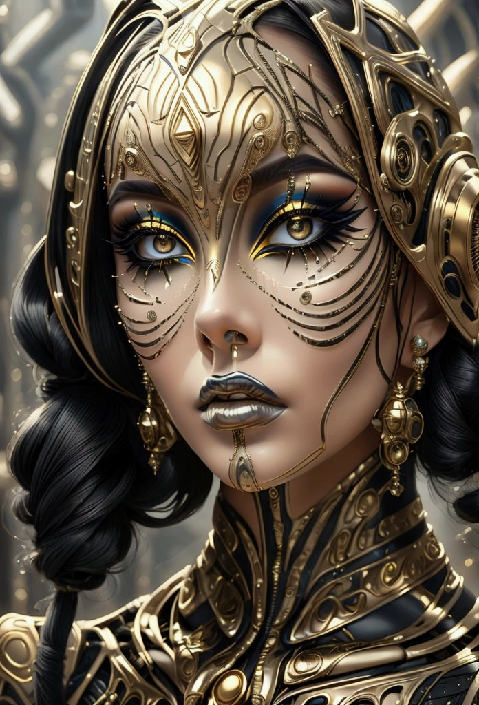 A woman with classic sci-fi makeup inspired by Steven Spielberg, featuring metallics and bold, structured lines. Her face is painted with silver and gold, with sharp, precise eye makeup creating a futuristic but classic look."