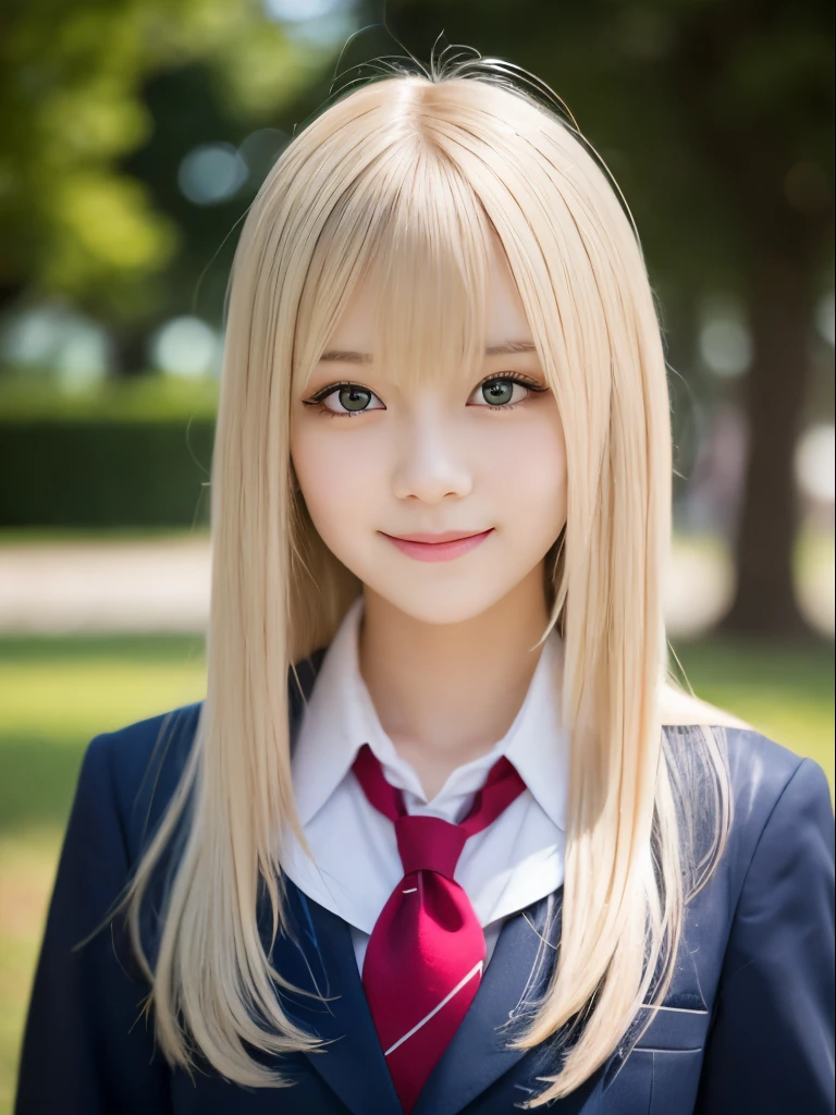 Portrait、School uniforms、Bright expression、Younger, brighter, whiter skin、Best Looks、Blonde reflection、Platinum blonde hair with dazzling highlights、Shiny bright hair,、Super long, silky straight hair、Shiny beautiful bangs、Sparkling, clear, attractive big blue eyes、A very beautiful, lovely and cute 16 year old girl、Ample breasts、