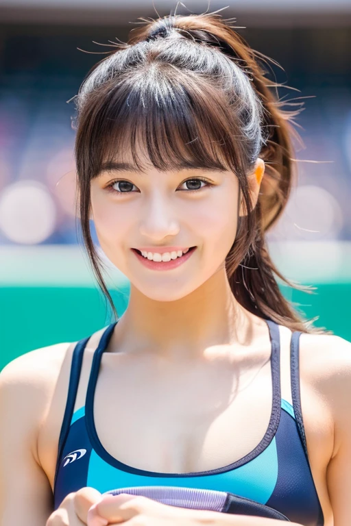 (((Highest quality)))　((masterpiece))　((Real beautiful girl))　 Talented Girl　(Cute face)　clear　((Ba　Appearance like an idol　Mini spats　Sports bra　Slim figure　Arena　smile　Creating Bangs