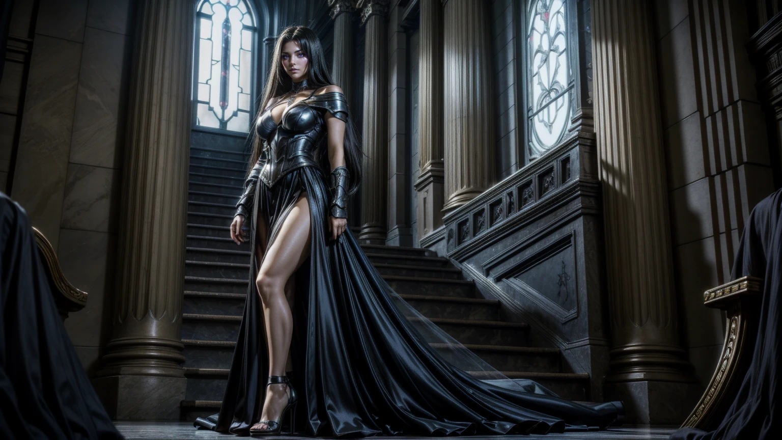 official art, 1girl, 14 yo, solo, full body shot, (huge breasts), large breasts, small waist, wide hips, thick thighs, glossy lips, deep cleavage, large breasts, masterpiece, 14 yo girl, bare_shoulder, cleavage, bare shoulders, collarbone, flowing skirt, big thighs, glowing hair, floating hair, long hair, long dress, (translucent dress), (transparent dress), thin dress, floating hair, long dress, (((slit skirt))), side boob, dynamic pose, overflowing large breasts, slim body, curvy, wide hips, thigh highs, stockings, very long hair, black hair, purple eyes, choker, fingerless gloves, black footwear, ((high heels)), bracelet, thigh strap, armor, side slit, breastplate, necklace, jewelry,
BREAK,
perfect eyes, expressive eyes, extremely detailed eyes, beautiful eyes, expressive eyes, gradient eyes, glistening eyes, perfect eyes, extremely detailed face, expressive face, perfect face, extremely detailed hands, extremely detailed fingers, perfect hands, perfect fingers, extremely detailed body, perfect anatomy, extremely detailed physique, glossy hair, glossy skin, extremely detailed hair, extremely detailed clothing, extremely detailed accessories, detailed background, intricate background, detailed scenery, perfect scenery,
BREAK,
full body shot, masterpiece, photorealistic, best quality, extremely detailed CG unity 64k wallpaper, ultra-high resolution, ultra-high definition, maximalist, 64k UHD, highres, intricate, intricate details, absurdres, highly detailed, finely detailed, ultra-detailed, ultra-high texture quality, DLSR, RTX, (HDR), detailed textures, ultra-high pixel detail, professionally color graded, full color depth, sharp focus, volumetric lighting, natural shadow, dramatic shading, dramatic lighting,