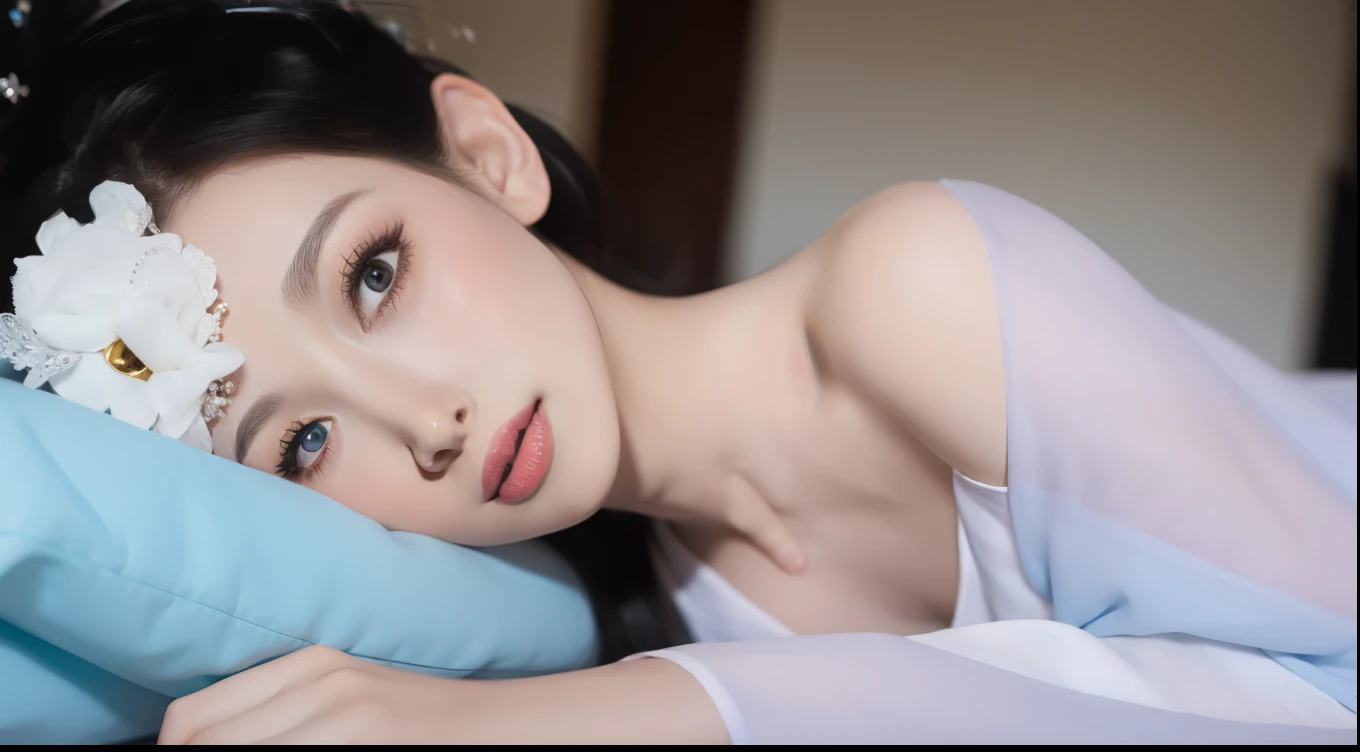 Fashion model 18 years old [[[[Close-up cleavage]]]], [[[[breast]]]], [[[[Cole]]]], [[[[Shoulder]]]], Perfect eyes, Perfect Iris，Perfect lips，Perfect Teeth，Perfect skin，Fair skin，Long face，Long and thin nose，Soft headlight，HDR，girl，White clothing，The background is the bedroom，floor，（Pastel colors：1.2）