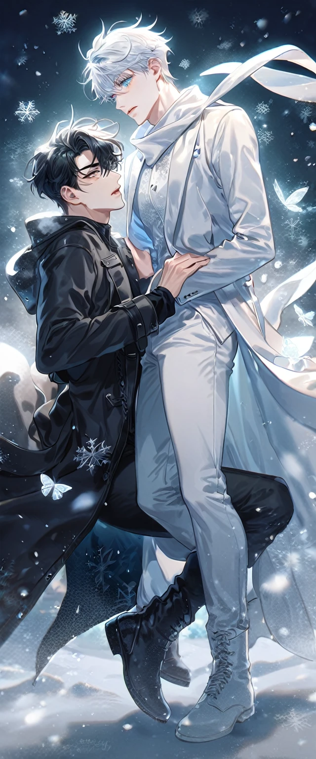 (absurdres, highres, ultra detailed, HDR) master piece, best quality, extremely detailed face, delicated features, Gojou Satoru, white hair, expressive blue eyes, white eyelashes, Omniscient Reader's Viewpoint, Yoo Joonghyuk, black hair, expressive gray eyes, two sexy men together, yaoi, gay couple, white coat, black coat, black tight shirt, scarf, black pants, white pants, black boots, full body, snowing, snow, snowflakes, ice butterflies, night sky, magical, fantasy, winter