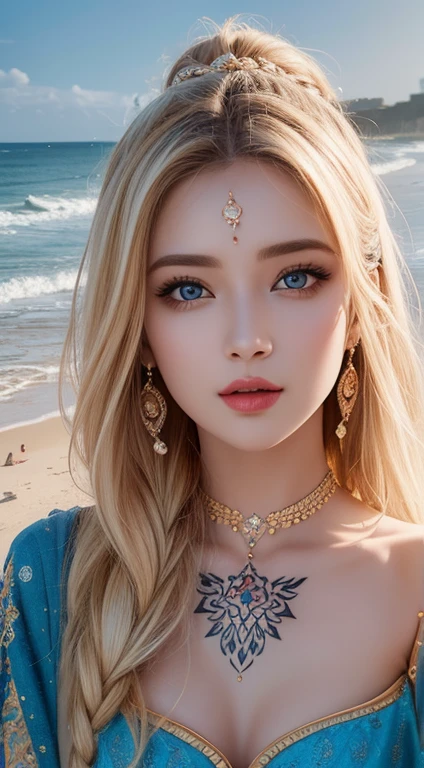 Witness the ultimate masterpiece of art with our AI platform – stunning 8k ultra HD renderings of a beautiful Pakistani woman adorned with intricate tattoos, Play on the beach with blonde hair and piercing blue eyes.