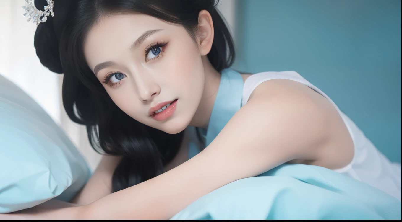 Fashion model 18 years old [[[[Close-up cleavage]]]], [[[[breast]]]], [[[[Cole]]]], [[[[Shoulder]]]], Perfect eyes, Perfect Iris，Perfect lips，Perfect Teeth，Perfect skin，Fair skin，Long face，Long and thin nose，Soft headlight，HDR，girl，White clothing，The background is the bedroom，floor，（Pastel colors：1.2）