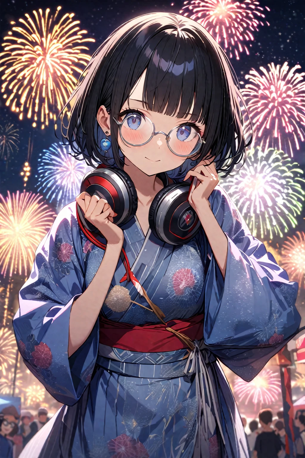(extremely detailed fine touch:1.3), (((silver semi-rimless round eyewear:1.3))), (wear silver headphones around neck:1.0), black short hair, blunt bangs, glowing 1girl, 2.5d face, cowboy shot, extremely detailed pink yukata, cute earring, eat frankfurter, extremely detailed summer festival, midnight, starry sky, extremely detailed fireworks,
