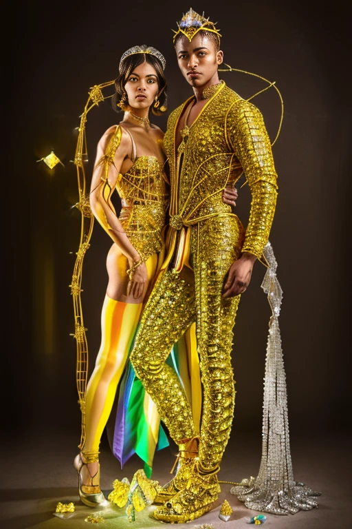 One-quarter body realism (masterpiece), (best quality), Extremely detailed, illustration,  Handsome and masculine male model.(( (Yellow crystals:1.5),(Wearing a crystal headpiece),(Composed of metal wire and citrine shiny gemstones )(Silk Dress),High contrast between light and dark,(Full body homosexuality:1.5).. Stand on the magic array..