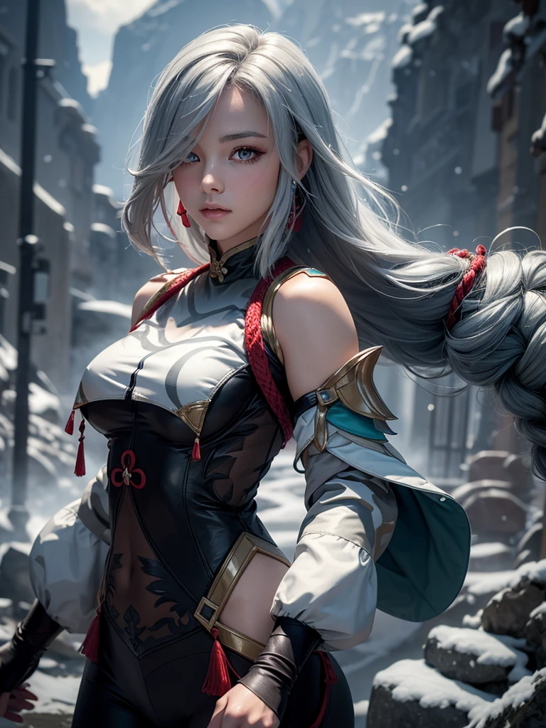 shenhedef, upper body, seductive look, blush, outdoors, snowflake scenery, looking at viewer, cloudy, moody lighting, (perfect detail eyes:1.2), glowing eyes, (long hair one braid:1.2), elemental skill effect, (Masterpiece, Best Quality, High Quality:1.4), professional artwork, Intricate Details, field of view, sharp focus, detailed painting, photorealistic lighting, trending on pixiv, (vivid lighting, vibrant colors:1.05), realistic shadows, ambient occlusion, (athletic body:1.3), mature woman, 30yo,