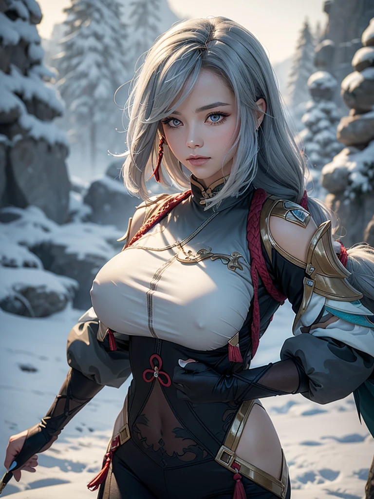 shenhedef, upper body, seductive look, blush, outdoors, snowflake scenery, looking at viewer, cloudy, moody lighting, (perfect detail eyes:1.2), glowing eyes, (long hair one braid:1.2), elemental skill effect, (Masterpiece, Best Quality, High Quality:1.4), professional artwork, Intricate Details, field of view, sharp focus, detailed painting, photorealistic lighting, trending on pixiv, (vivid lighting, vibrant colors:1.05), realistic shadows, ambient occlusion, (athletic body:1.3), mature woman, 30yo,