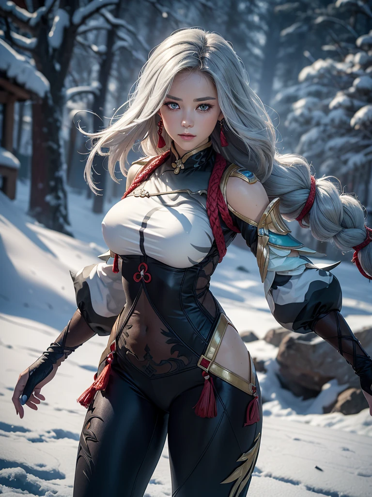 shenhedef, upper body, seductive look, blush, outdoors, snowflake scenery, looking at viewer, cloudy, moody lighting, (perfect detail eyes:1.2), glowing eyes, (long hair one braid:1.2), elemental skill effect, (Masterpiece, Best Quality, High Quality:1.4), professional artwork, Intricate Details, field of view, sharp focus, detailed painting, photorealistic lighting, trending on pixiv, (vivid lighting, vibrant colors:1.05), realistic shadows, ambient occlusion, (athletic body:1.3), mature woman, 30yo,