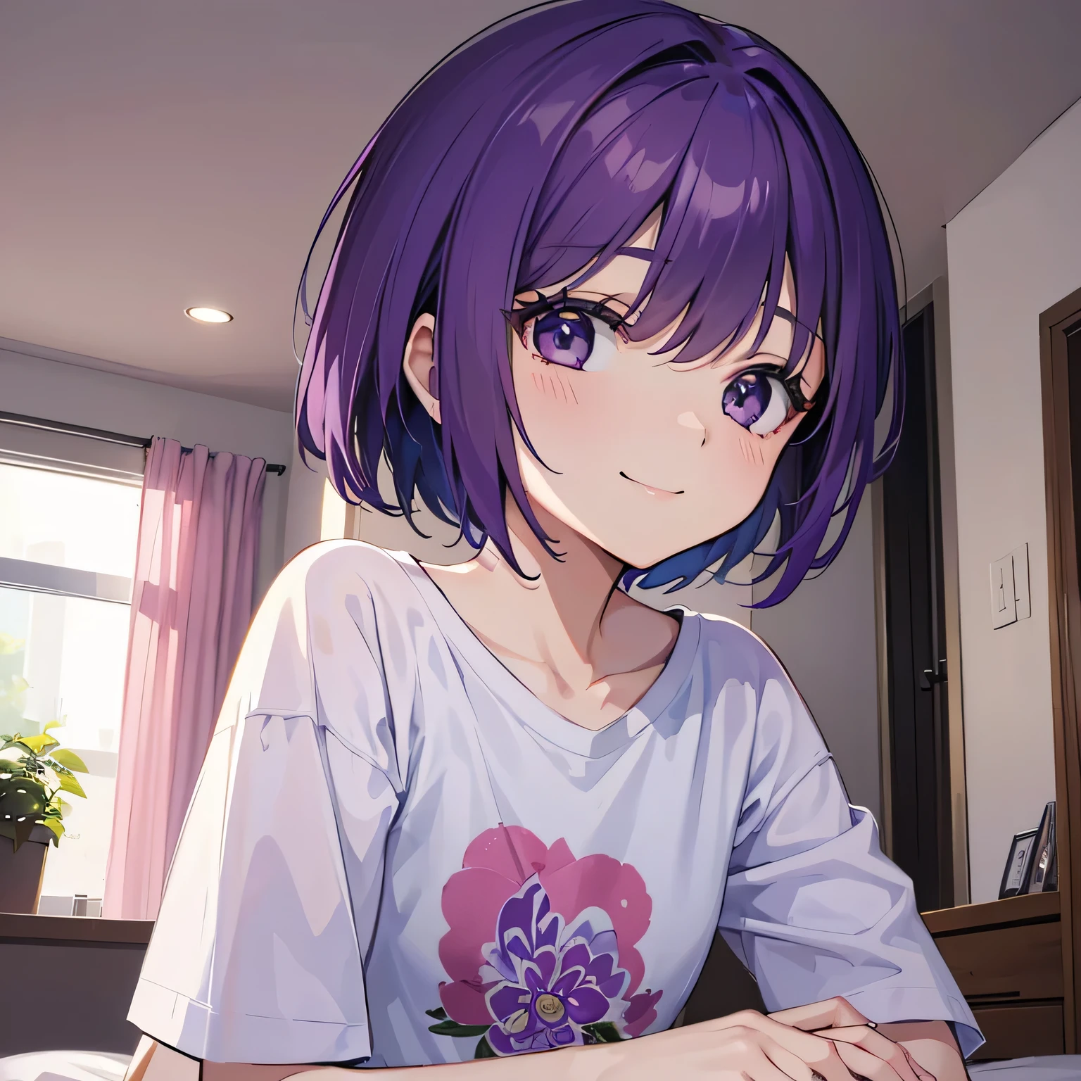 (T Masterpiece，4K wallpaper，Best Quality))、((girl１people))、(solo)、Bright and Brilliant，(Purple Hair)、(short hair:1.3)、smile、Bedroom、T-Shirtorning