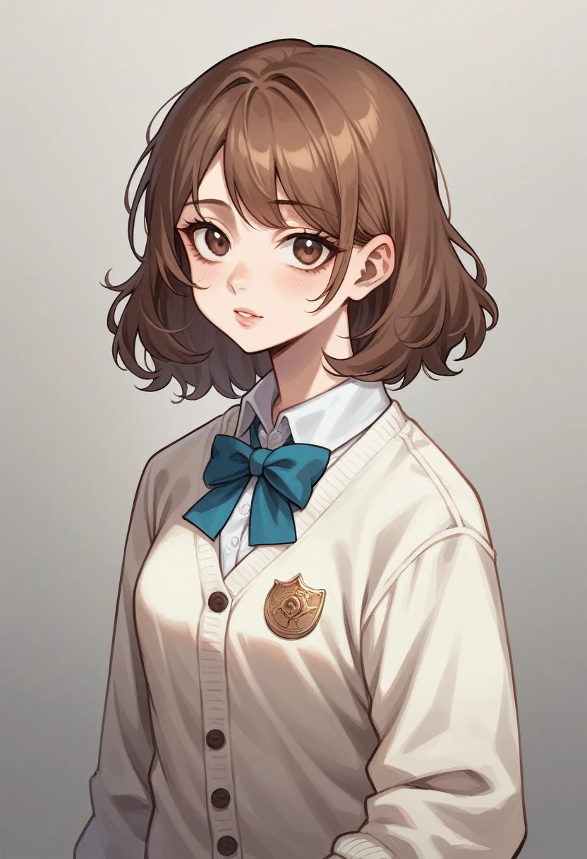 A young woman with wavy reddish brown hair. She has a soft look and her lips are full and beautiful. Your eyes are looking directly at the camera, creating an intimate connection with the viewer. She's wearing a white cardigan top. Their body is large and their skin is very light. She has small breasts which makes her appearance delicate