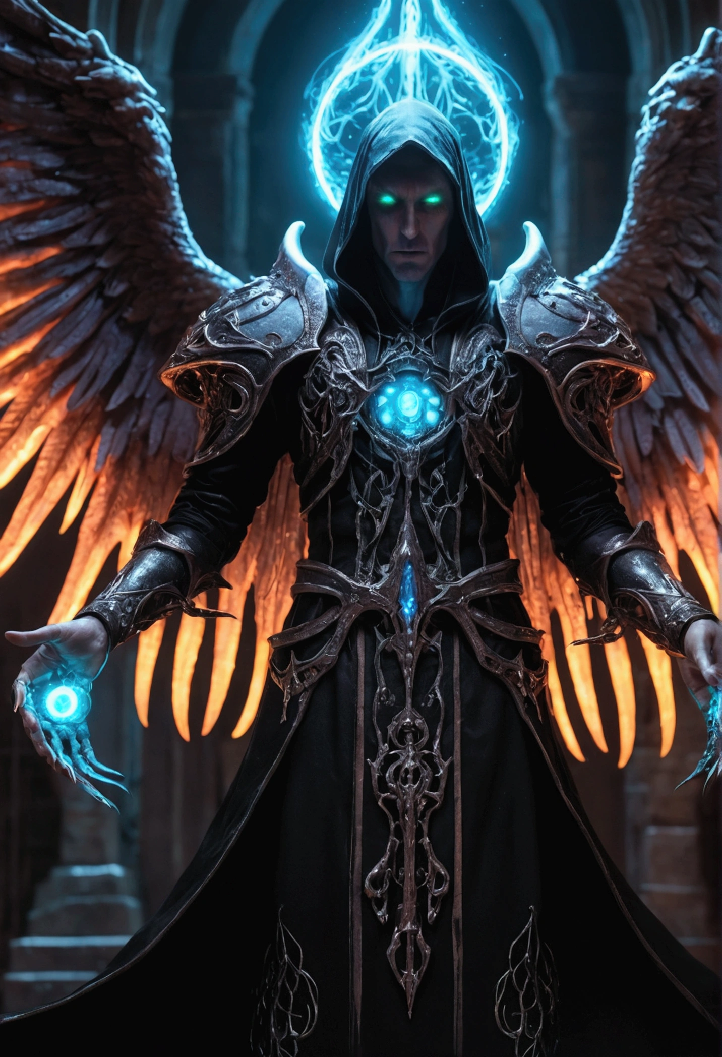 Cosmic Fallen Angel, Malthael, sickles in hands, Glowing light eyes, biomechanical, eldritch, Creepy, nightmarish, Very bright colors, light particles, with luminous light, Wallpaper Art, UHD wallpaper,medieval garb