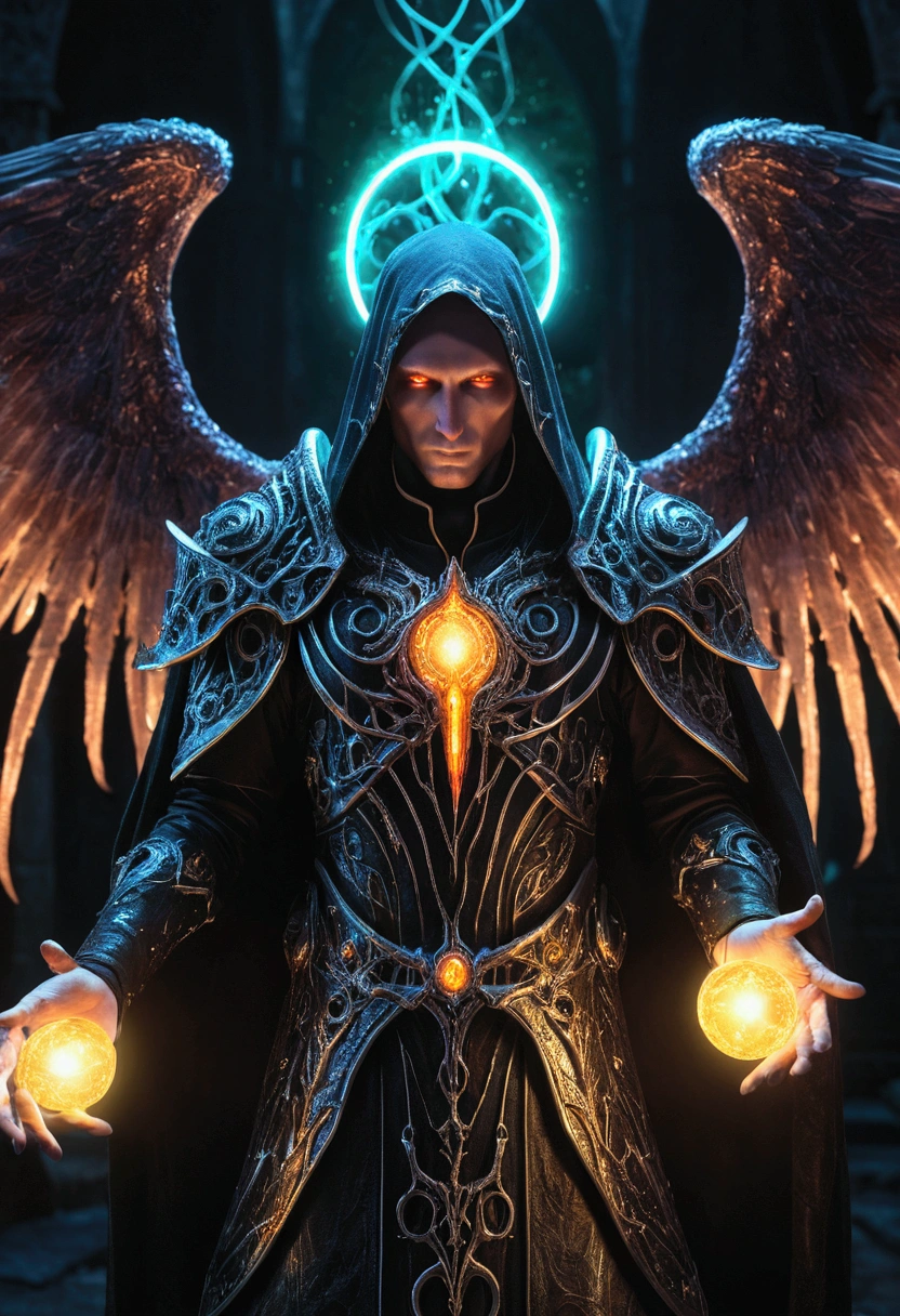 Cosmic Fallen Angel, Malthael, sickles in hands, Glowing light eyes, biomechanical, eldritch, Creepy, nightmarish, Very bright colors, light particles, with luminous light, Wallpaper Art, UHD wallpaper,medieval garb