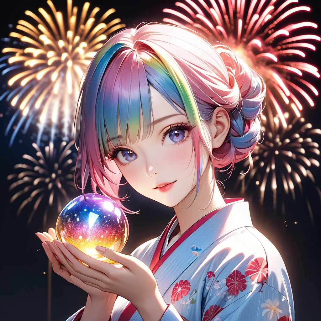 A beautiful and divine woman wearing a clean and refreshing white and pink yukata.々Beautiful Goddess, Rainbow hair colour,Medium-long hairstyle,Beautiful attention to detail, Beautiful lip detail, Highly detailed face, Long eyelashes, Friendly and polite expression, Holding a red, round crystal in both hands, The perfect uniform, High quality lighting, Realistic, 8k, Highest quality, masterpiece, Professional, Studio Lighting,The background is a fireworks display