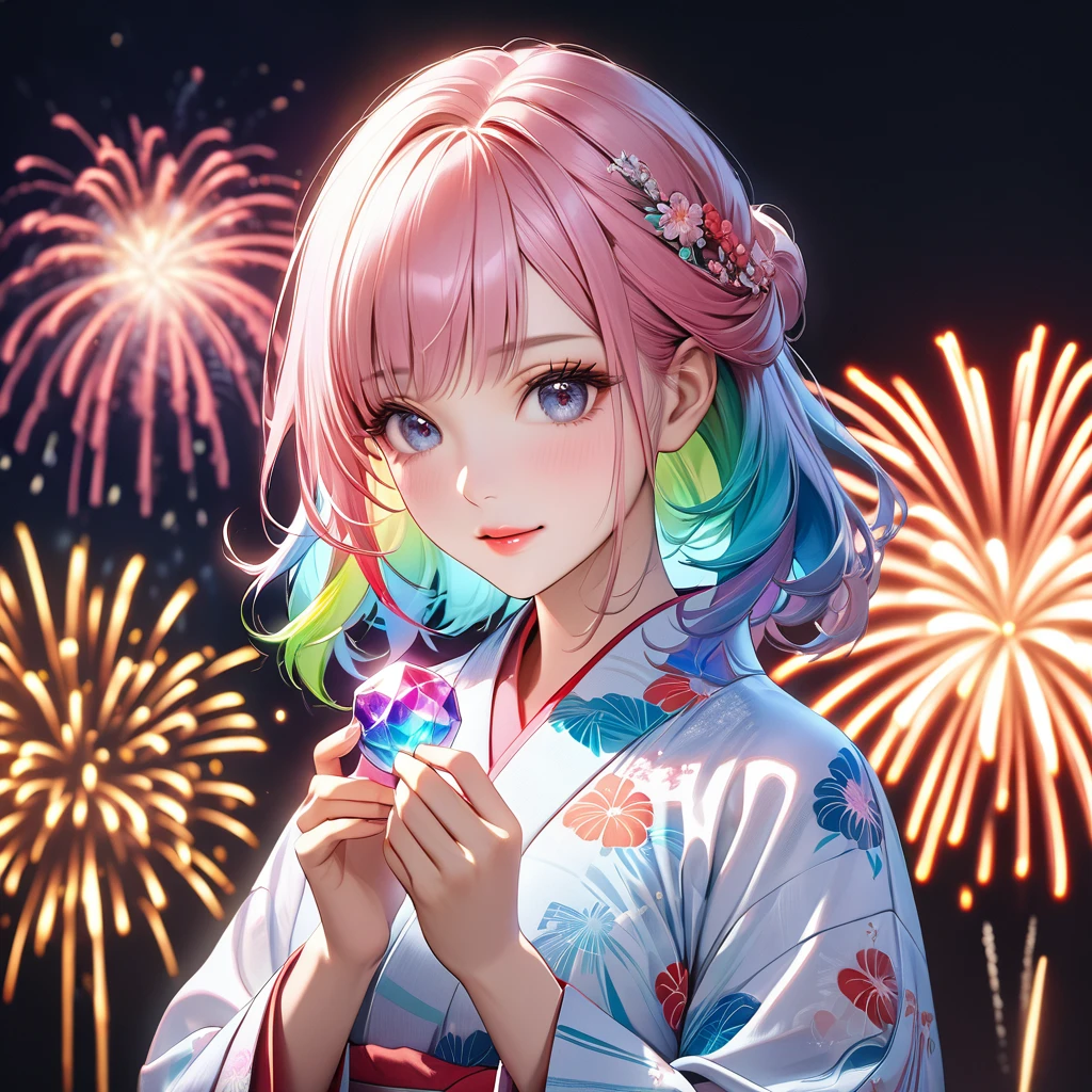 A beautiful and divine woman wearing a clean and refreshing white and pink yukata.々Beautiful Goddess, Rainbow hair colour,Medium-long hairstyle,Beautiful attention to detail, Beautiful lip detail, Highly detailed face, Long eyelashes, Friendly and polite expression, Holding a red, round crystal in both hands, The perfect uniform, High quality lighting, Realistic, 8k, Highest quality, masterpiece, Professional, Studio Lighting,The background is a fireworks display