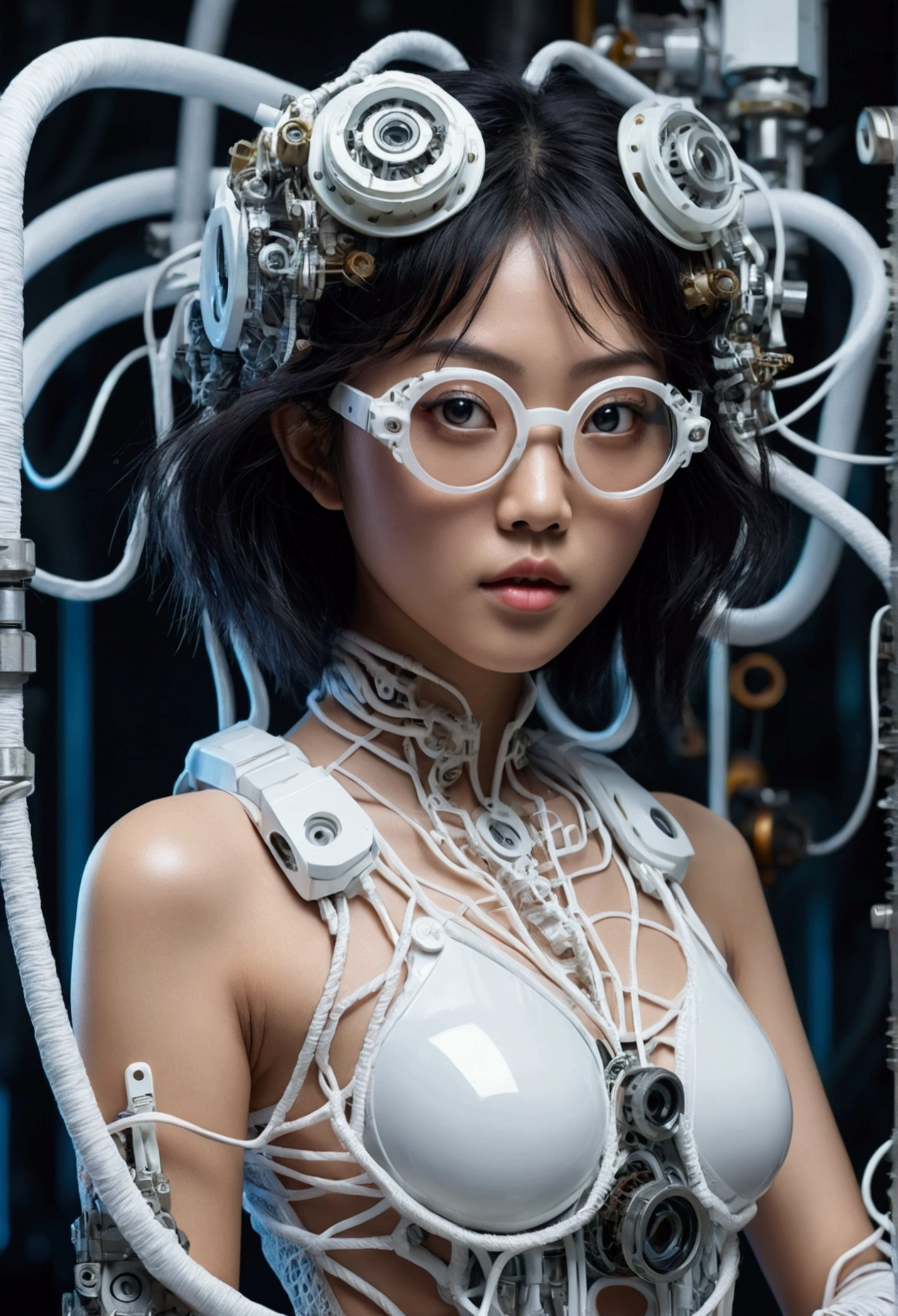 Create a cyberpunk fantasy image of a young Asian woman with big eyes and glasses, a white body, clear plastic skin, visible gears, pipes, wires and mechanisms, random pose, human limbs. White rope lace cover on shoulders. high resolution. Intricate details.