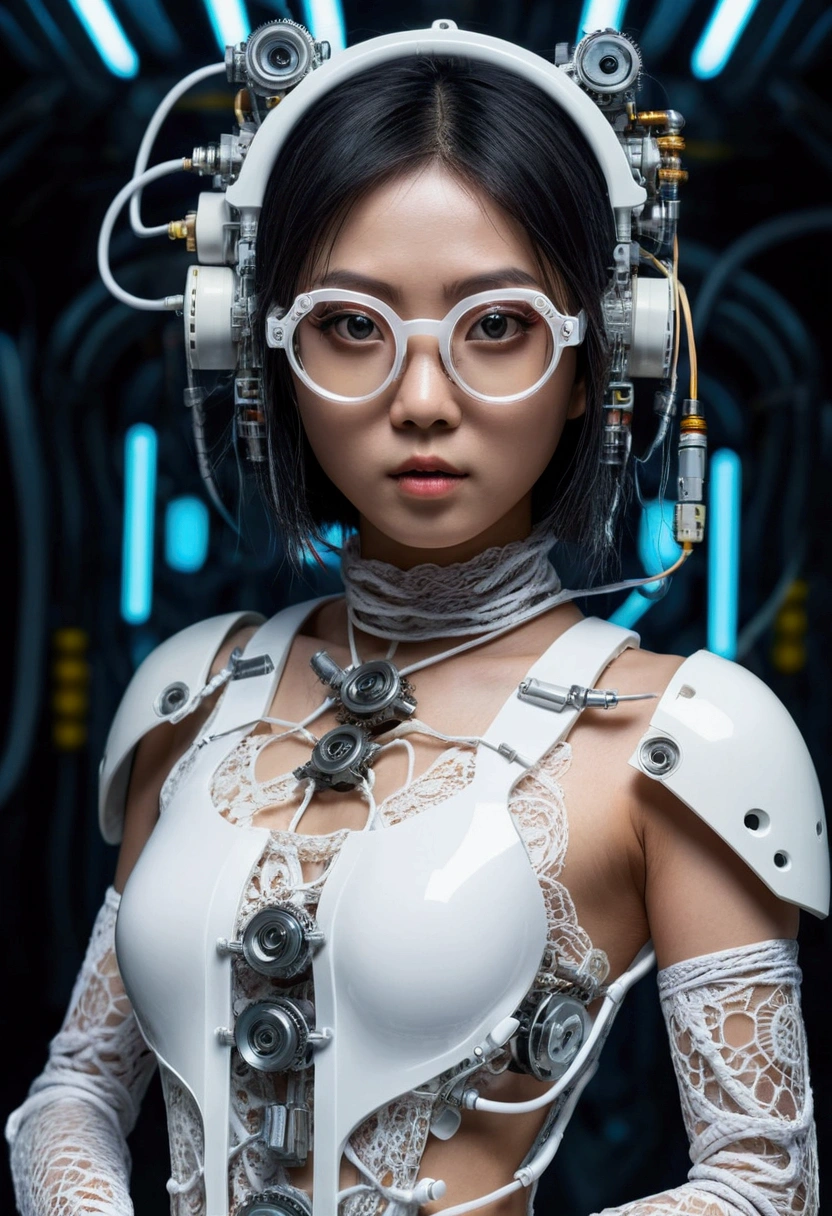 Create a cyberpunk fantasy image of a young Asian woman with big eyes and glasses, a white body, clear plastic skin, visible gears, pipes, wires and mechanisms, random pose, human limbs. White rope lace cover on shoulders. high resolution. Intricate details.