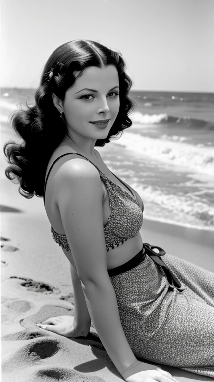 Hedy Lamarr with wavy hair dressed in sexy summer clothes on the seashore and smiling