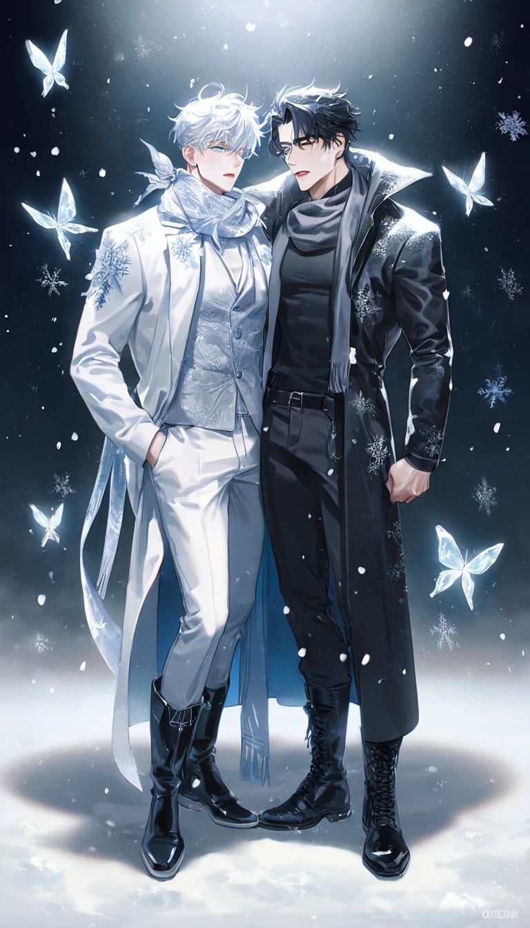 (absurdres, highres, ultra detailed, HDR) master piece, best quality, extremely detailed face, delicated features, Gojou Satoru, white hair, expressive blue eyes, white eyelashes, Omniscient Reader's Viewpoint, Yoo Joonghyuk, black hair, expressive gray eyes, two sexy men together, yaoi, gay couple, white coat, black coat, black tight shirt, scarf, black pants, white pants, black boots, full body, snowing, snow, snowflakes, ice butterflies, night sky, magical, fantasy, winter