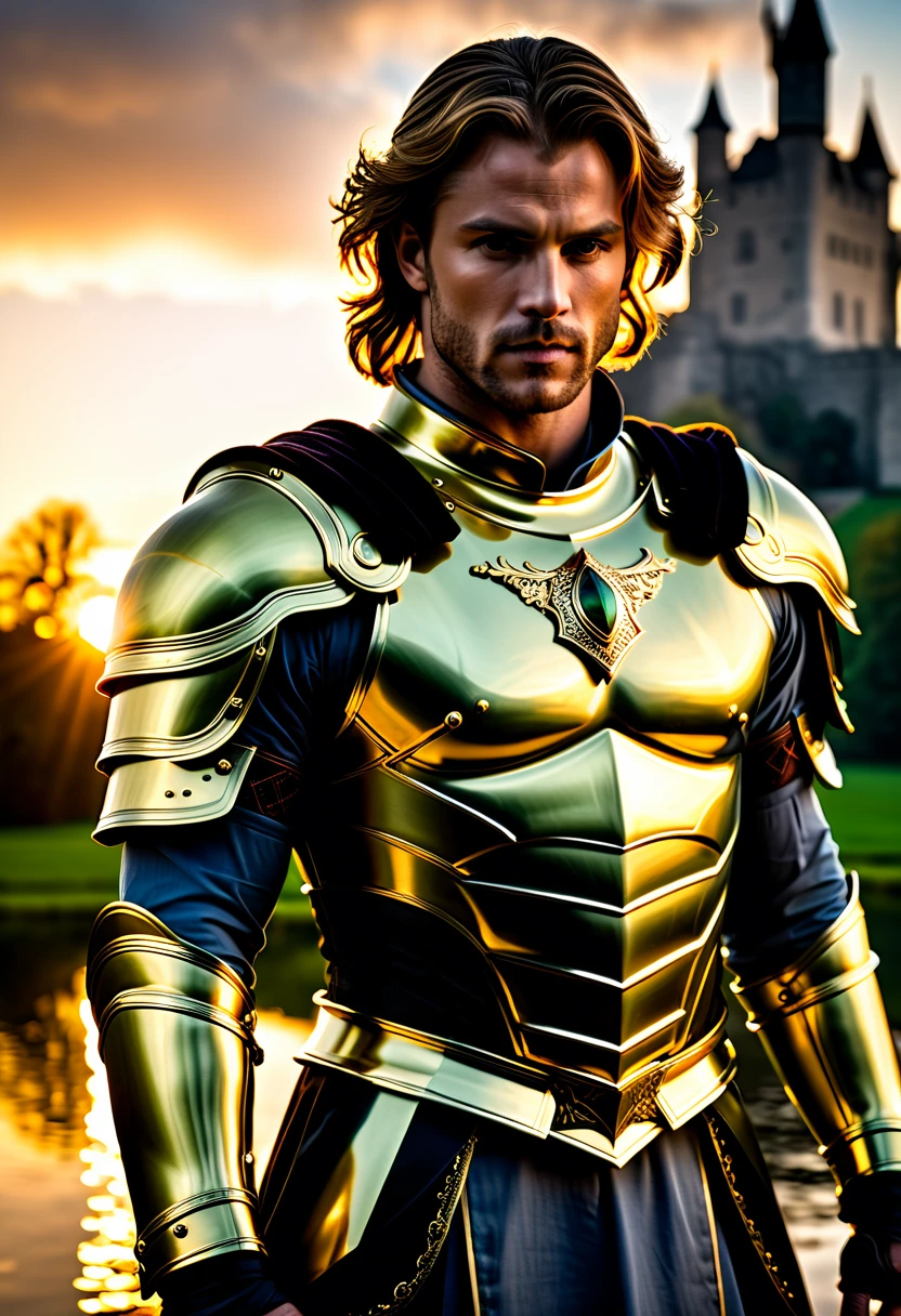 (masterpiece, photorealistic:1.4, extremely intricate:1.3), (photon mapping, radiosity, physically based rendering, ultra resolution, hyper-realistic, photorealistic:1.4, hyper-realistic, 8K), muscular man, ((black chrome late renaissance armor:1.4, chrome rivets (torso photograph), breastplate, green cloak), showing off his bulge, water reflections, gold etching, outdoors, medieval battlefield, sunrise, far away castle, (moat, ([bright ginger hair:dark hair:0.6]), dynamic pose), sharp focus, dramatic, award winning, (film grain, bokeh, interaction)