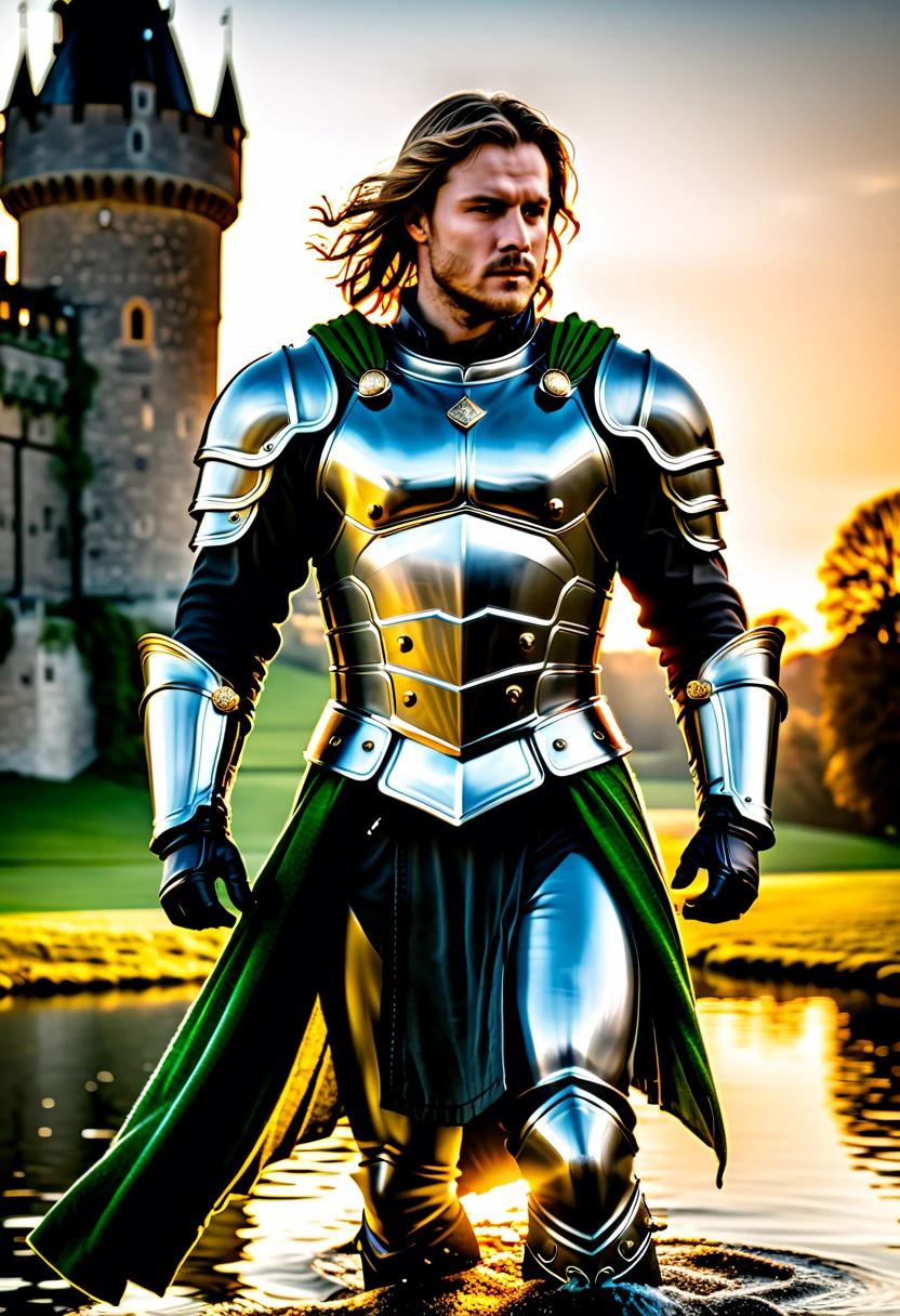 (masterpiece, photorealistic:1.4, extremely intricate:1.3), (photon mapping, radiosity, physically based rendering, ultra resolution, hyper-realistic, photorealistic:1.4, hyper-realistic, 8K), muscular man, ((black chrome late renaissance armor:1.4, chrome rivets (torso photograph), breastplate, green cloak), showing off his bulge, water reflections, gold etching, outdoors, medieval battlefield, sunrise, far away castle, (moat, ([bright ginger hair:dark hair:0.6]), dynamic pose), sharp focus, dramatic, award winning, (film grain, bokeh, interaction)