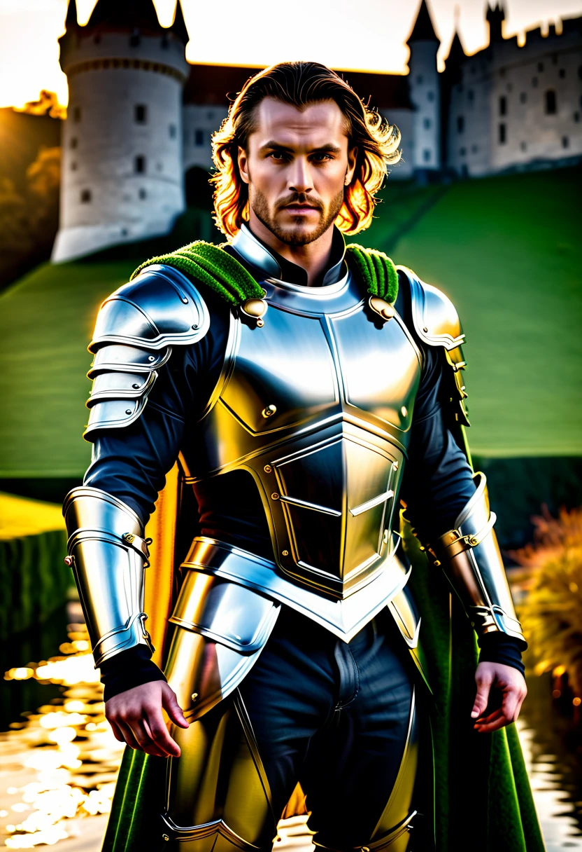 (masterpiece, photorealistic:1.4, extremely intricate:1.3), (photon mapping, radiosity, physically based rendering, ultra resolution, hyper-realistic, photorealistic:1.4, hyper-realistic, 8K), muscular man, ((black chrome late renaissance armor:1.4, chrome rivets (torso photograph), plate, green cloak), showing off his bulge, water reflections, gold etching, outdoors, medieval battlefield, sunrise, far away castle, (moat, ([bright ginger hair:dark hair:0.6]), dynamic pose), sharp focus, dramatic, award winning, (film grain, bokeh, intera