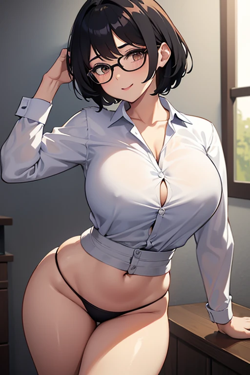 Female character with short black hair, slightly disheveled, with bangs that frame his forehead. He wears large, round glasses that highlight his large, brown eyes., with long and well defined eyelashes. Has clear and soft skin. He is wearing a white button-down shirt with long sleeves., adjusted to your figure, highlighting her curves. The skirt is light blue, tight and high waist, highlighting her pronounced waist and hips. Her complexion is curvy, with wide hips and well-defined legs. The expression on his face is friendly and confident., with a slight flirtatious smile. suggestive pose, accentuating her curvy figure. Only the main character in the image, no extra characters. Taking off his shirt. Cute breast. Hands well drawn.
Upper body and head, angle from below, attention to woman, definition, perfect woman, solo woman, 24 years old, short hair, disheveled hair, details, extremely detailed, 8K quality, master piece.