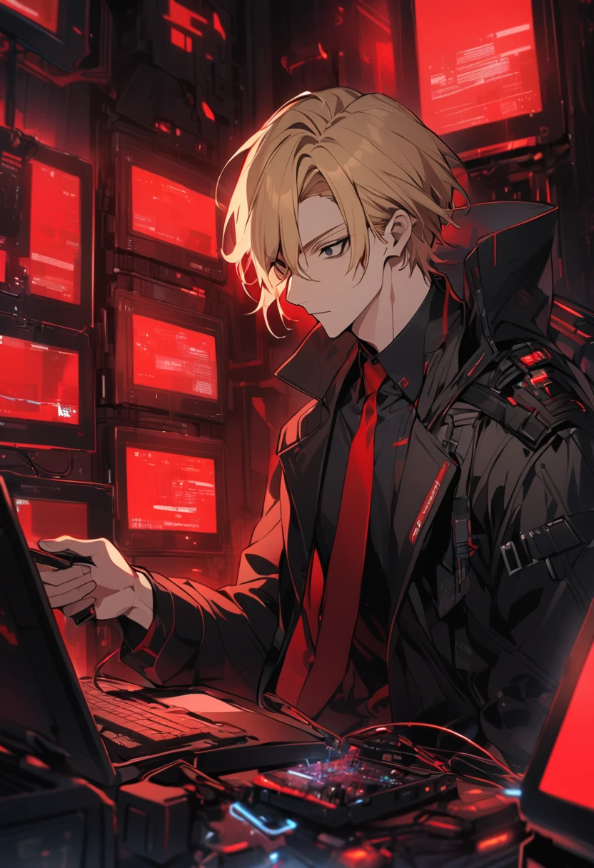 solo, handsome, 1 male, blonde hair, black eyes, black shirt, black tech coat, red tie, electronics, red light