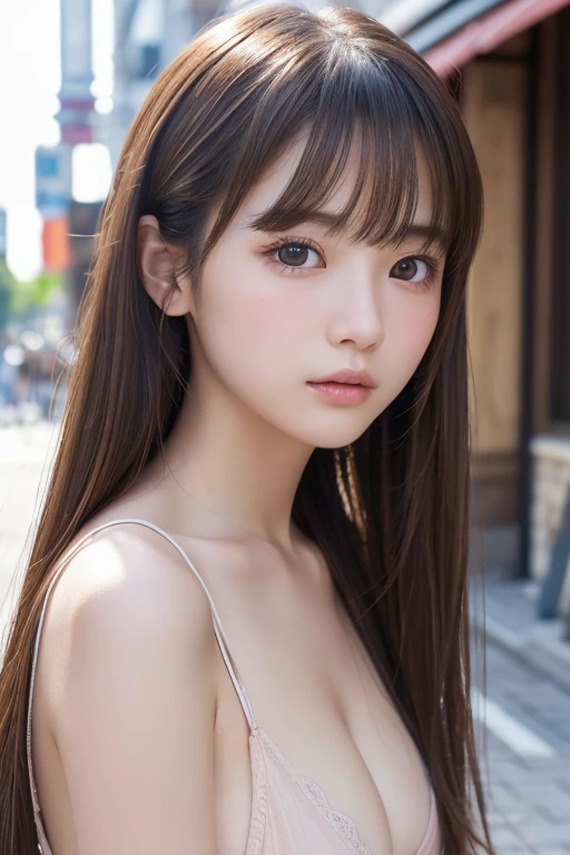20歳の日本人一人のgirl、(beautiful girl、華奢なgirl:1.3)、(:1.3)、break、Browsing Caution、Show nudity、break、Very detailed定義、(Symmetrical eyes:1.3)、break、(Street view:1.3)、(Upper Body)、break、Small breasts、Brown eyes、Parted bangs、Brown Hair、girl、break、(Eyes and Face)with detail:1.0)、break、(masterpiece、Highest quality、Very detailed、Detailed face、8k), Facing forward