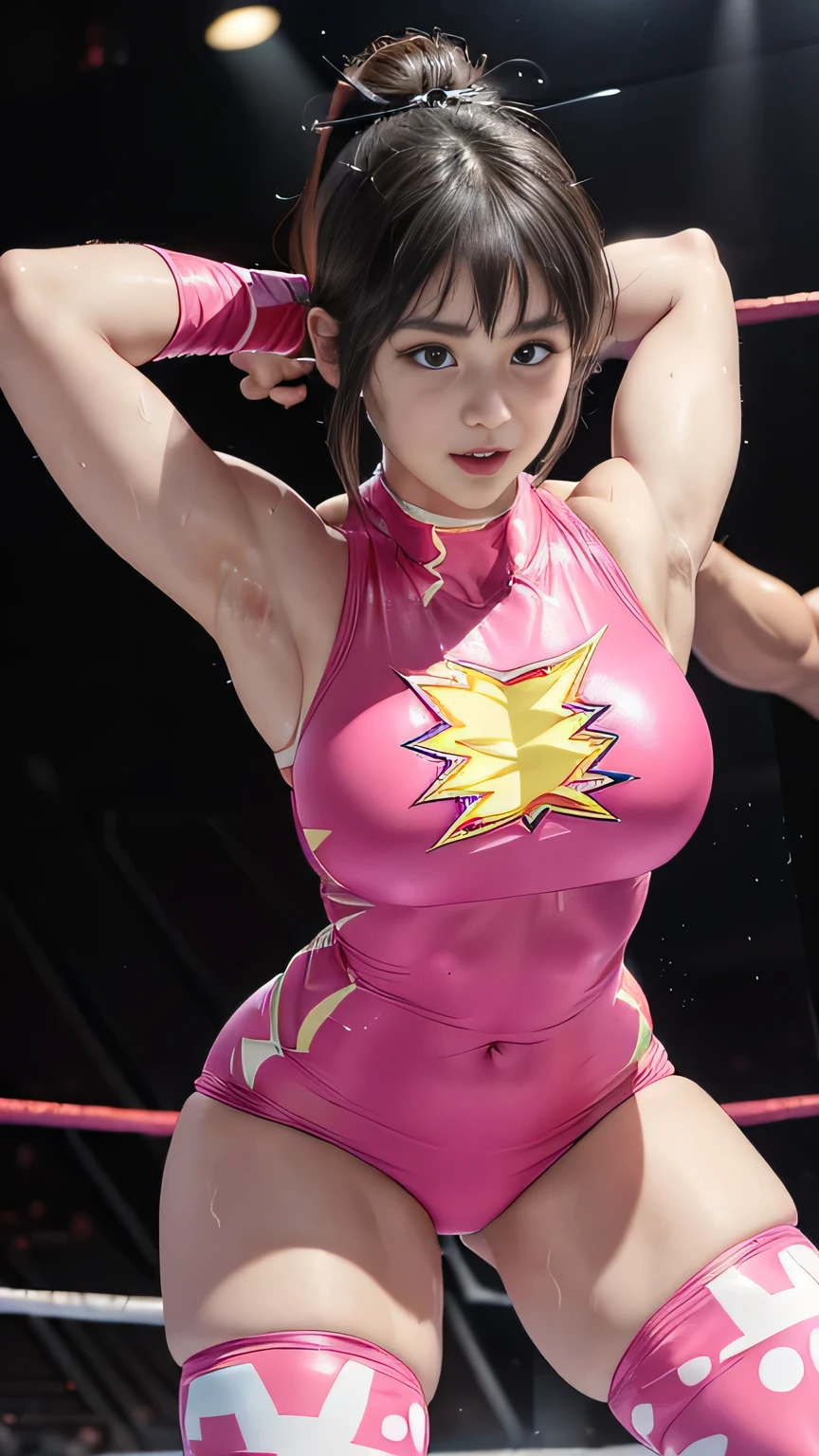 Female wrestling pose、smile、((On the ring))、((Spotlight))、(((Large wrestling venue)))、((Super big breasts))、((Saggy breasts)、((Super tight uniform))、Wristband、(((A flashy costume with a bizarre pattern)))、((Elbow Support))、((Knee support))、Taping on fingers、Your abs are in full view、Bikini Style、Hairstyle with bangs、((Sweat))、((Match venue))、Very beautiful、((Female Athletes))、(Detailed face)、Realな肌、((Delicate photo))、(Girl&#39;s masterpiece RAW photo details:1.25)、(Highest quality:1.6)、(Ultra-high resolution:1.5)、(Real:1.75)、8k resolution、Canon EOS R5、50mm、Absurd、Super detailed、Cinema Lighting、((Seven colored lighting、Spotlight、Downlight))、