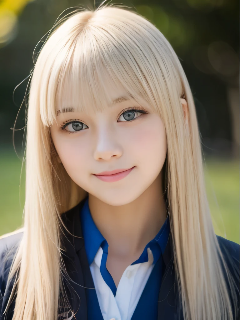 Portrait、School uniforms、Bright expression、Younger, brighter, whiter skin、Best Looks、Blonde reflection、Platinum blonde hair with dazzling highlights、Shiny bright hair,、Super long, silky straight hair、Shiny beautiful bangs、Sparkling, clear, attractive big blue eyes、A very beautiful, lovely and cute 16 year old girl、Ample breasts、