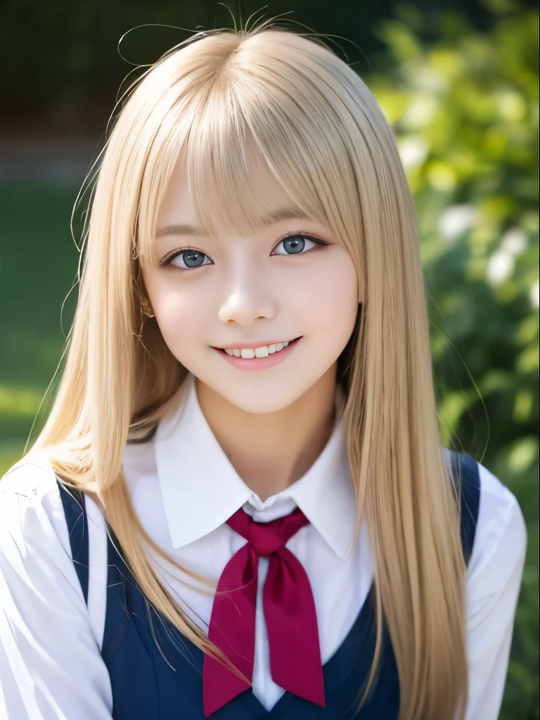 Portrait、School uniforms、Bright expression、Younger, brighter, whiter skin、Best Looks、Blonde reflection、Platinum blonde hair with dazzling highlights、Shiny bright hair,、Super long, silky straight hair、Shiny beautiful bangs、Sparkling, clear, attractive big blue eyes、A very beautiful, lovely and cute 16 year old girl、Ample breasts、