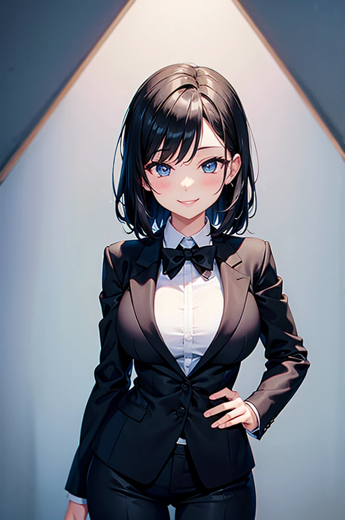 Sexy woman in a black suit tie smile