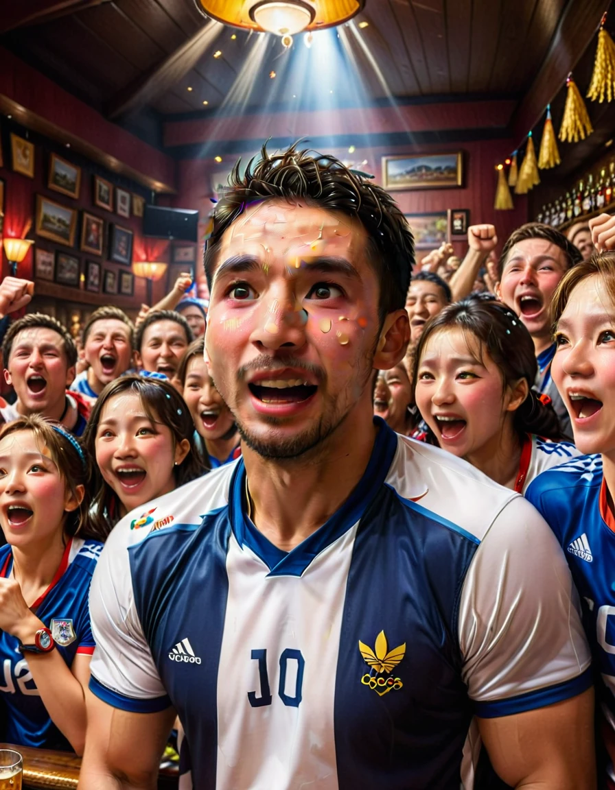A large crowd celebrating the victory of their Olympic team at a sports bar、A person who sheds tears of joy々Detailed depiction of、, dramatic lighting, hyper realistic, cinematic, award-winning photography, vibrant colors, ultra-detailed, 8k, best quality, masterpiece