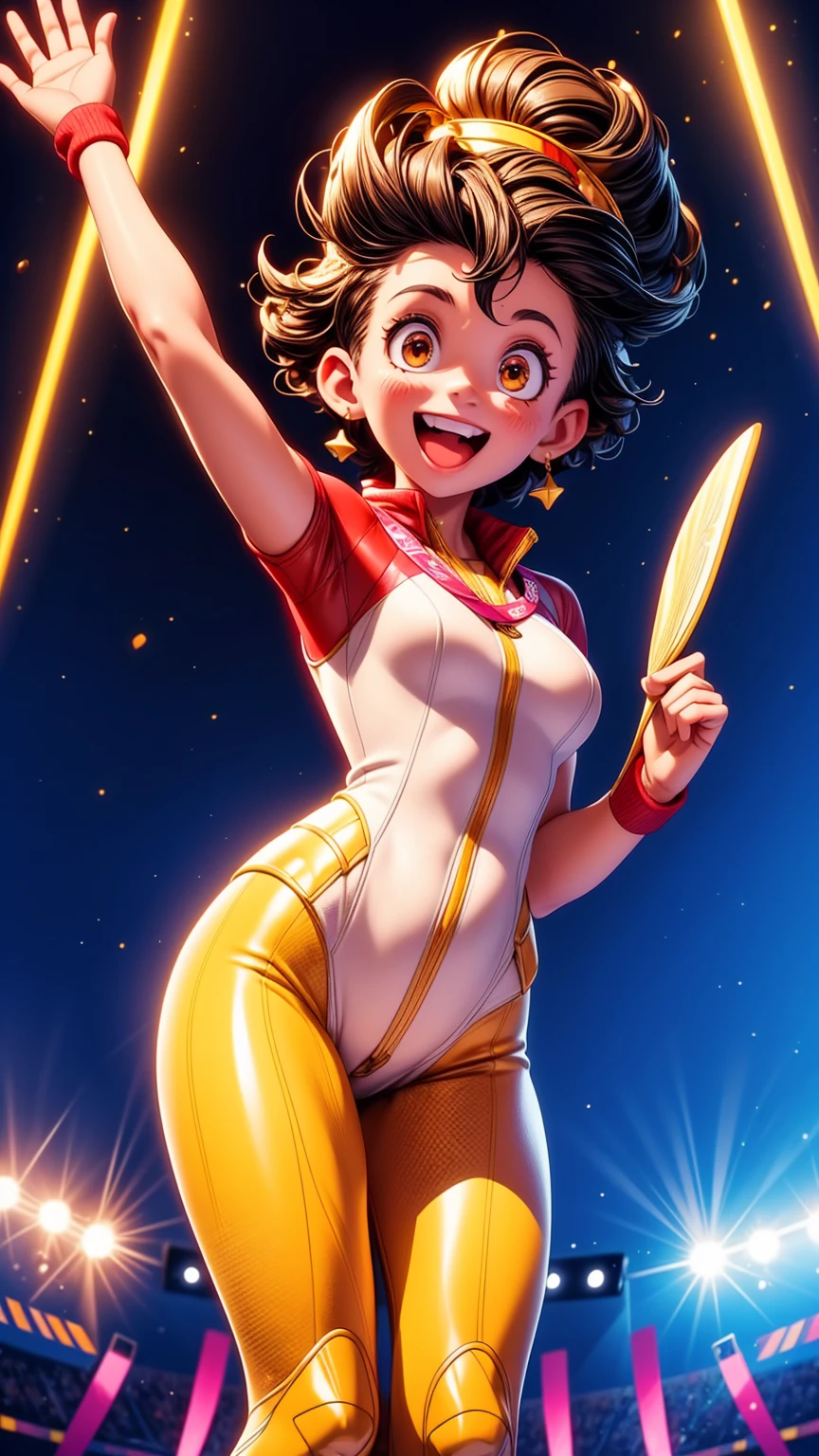 a woman on a podium receiving a gold medal, award ceremony, olympic games, triumph, celebration, joy, proud expression, raised arms, waving, bright lights, cheering crowd, dramatic lighting, cinematic angle, dynamic pose, high quality, photorealistic, 8k, hyperdetailed, masterpiece, cinematic lighting, vibrant colors, dramatic atmosphere