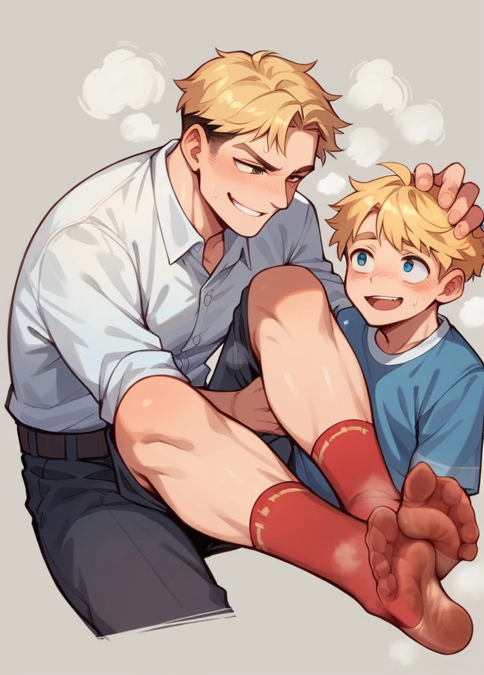 2 boy,Smile,blonde, boy steps on another boy's face ,smell feet, sheer red socks, dominate boy with feet,hold one's head between one's sole
