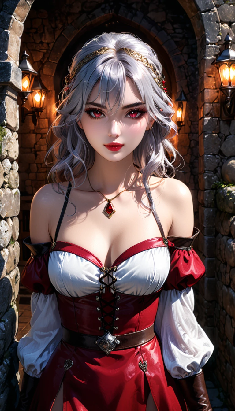 1girl, solo, mature woman, [white shirt top: red dress under], (simple pattern clothing), long curvy messy hair, silver hair, glowing ruby colored eyes, black eye liner, ((beautiful face)), detailed face, detailed eyes, perfect hands, (collarbone), (off shoulder), leather high boots, leather glove, set in ancient castle, stone wall, cold lighting, POV, looking at viewer, medieval theme, pretty lips, (curios), waitress, illustration, 8k, super details, award winning, high res